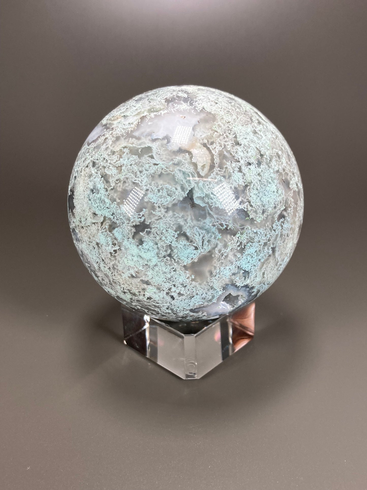 Moss Agate Sphere Carving, 70mm