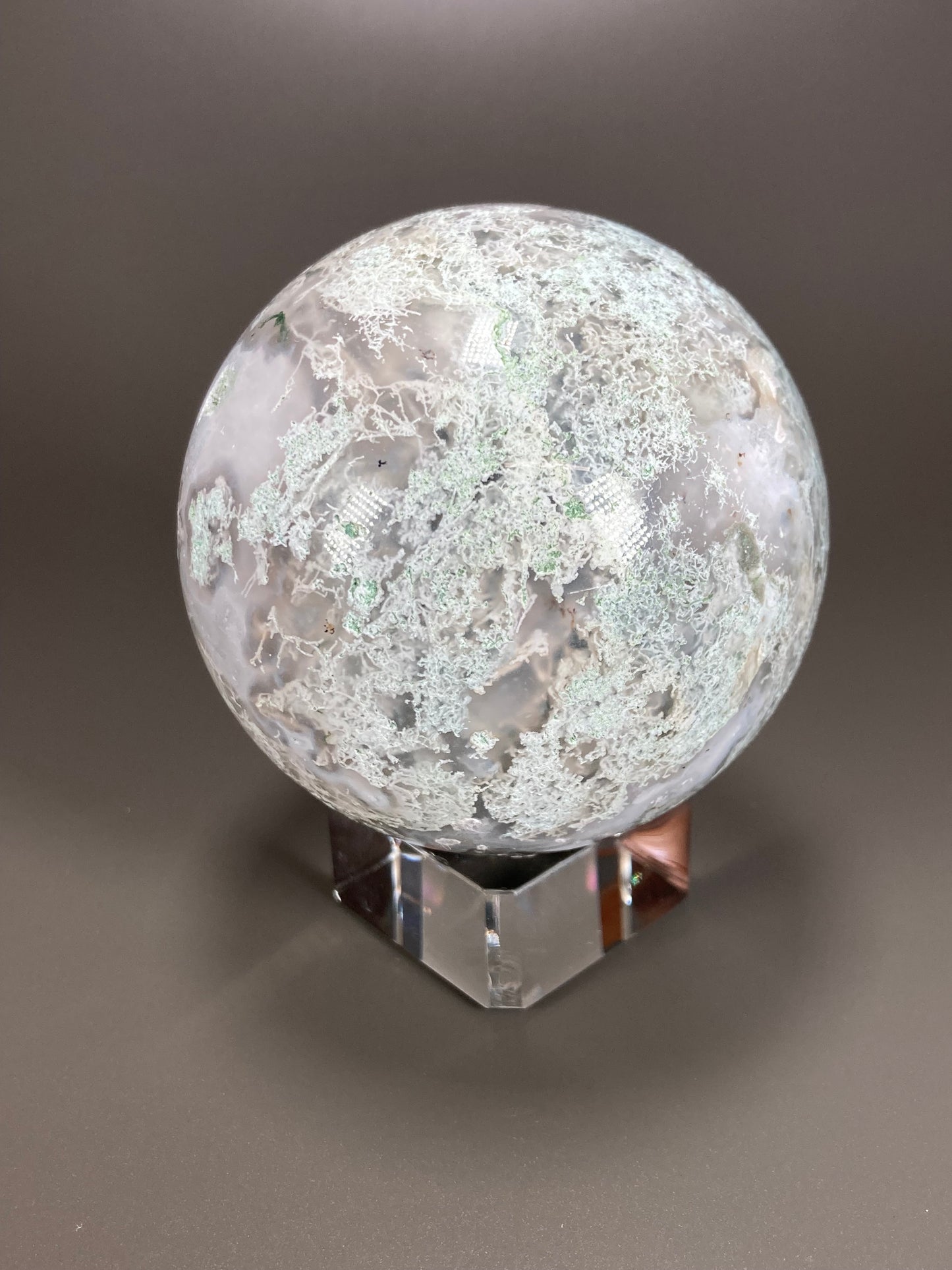 Moss Agate Sphere Carving, 70mm