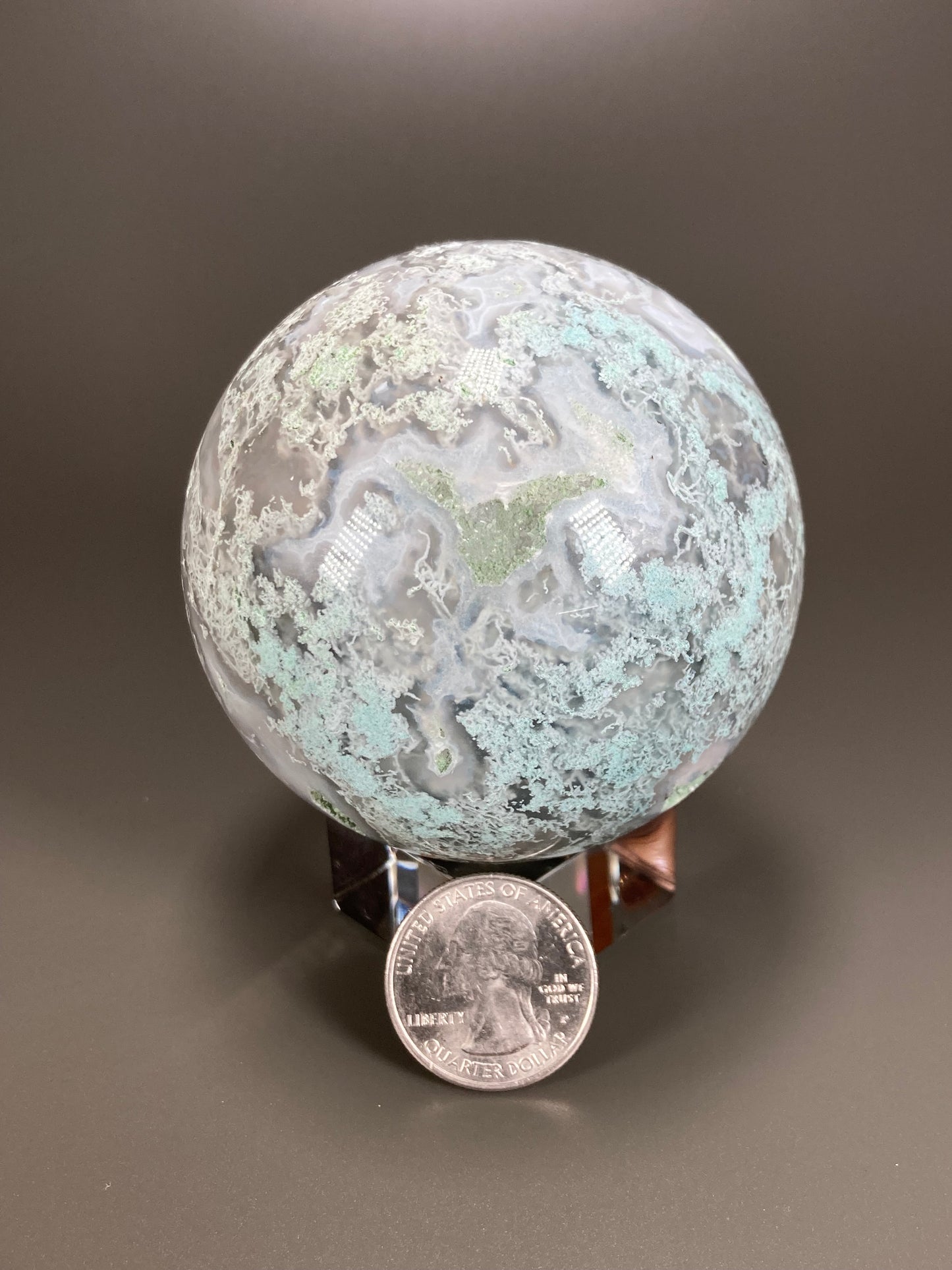 Moss Agate Sphere Carving, 70mm